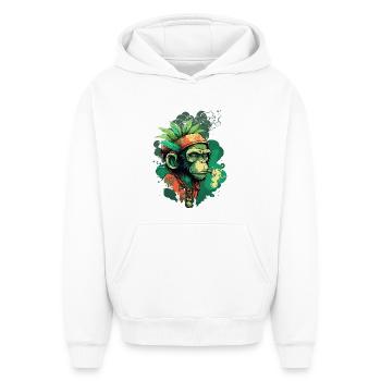 Tête de gorille verte avec ruban de feuille - Sweat à capuche unisexe oversize épais SPREAD - blanc - Devant - AI Model Female 172 dark (172cm) & AI Model Male 185 light (185cm)