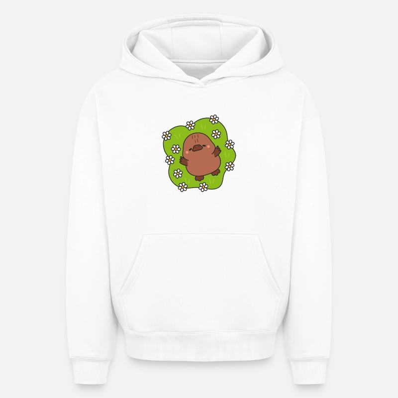 Poussin kawaii sur fond fleurs - Sweat à capuche unisexe oversize épais SPREAD - blanc
