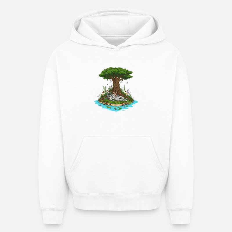 Astronaute Chien Île Dreamscape - Sweat à capuche unisexe oversize épais SPREAD - blanc