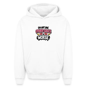 Je ne suis pas comme les autres filles, je suis pire, affirmation - Sweat à capuche unisexe oversize épais SPREAD - blanc - Devant - AI Model Female 172 dark (172cm) & AI Model Male 185 light (185cm)