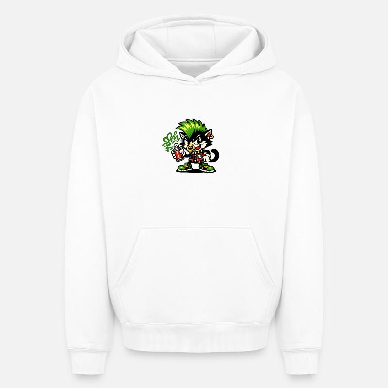 Graffiti Punk Cat Spray - Sweat à capuche unisexe oversize épais SPREAD - blanc