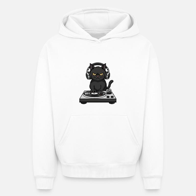 Turntable Cat Chat DJ Vinyle - Sweat à capuche unisexe oversize épais SPREAD - blanc