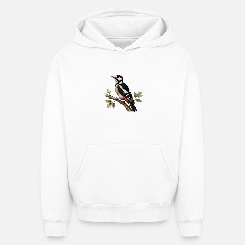 Pic épeiche sur branche - Sweat à capuche unisexe oversize épais SPREAD - blanc