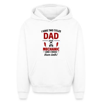 Papa et mécanicien – je fais vibrer les deux morceaux - Sweat à capuche unisexe oversize épais SPREAD - blanc - Devant - AI Model Female 172 dark (172cm) & AI Model Male 185 light (185cm)
