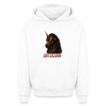 Techno Raver Untzicorn Design pour les fans d'EDM - Sweat à capuche unisexe oversize épais SPREAD - blanc - Devant - AI Model Female 172 dark (172cm) & AI Model Male 185 light (185cm)