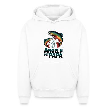 Pêche avec papa - truite colorée - Sweat à capuche unisexe oversize épais SPREAD - blanc - Devant - AI Model Female 172 dark (172cm) & AI Model Male 185 light (185cm)