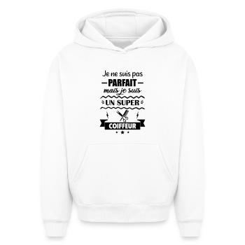 Pas parfait mais super coiffeur - Sweat à capuche unisexe oversize épais SPREAD - blanc - Devant - AI Model Female 172 dark (172cm) & AI Model Male 185 light (185cm)