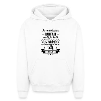 Pas parfait mais super barman - Sweat à capuche unisexe oversize épais SPREAD - blanc - Devant - AI Model Female 172 dark (172cm) & AI Model Male 185 light (185cm)