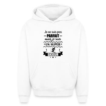 Pas parfait mais super skieur - Sweat à capuche unisexe oversize épais SPREAD - blanc - Devant - AI Model Female 172 dark (172cm) & AI Model Male 185 light (185cm)