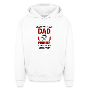 Papa et Plombier – Je décroche les deux morceaux - Sweat à capuche unisexe oversize épais SPREAD - blanc - Devant - AI Model Female 172 dark (172cm) & AI Model Male 185 light (185cm)