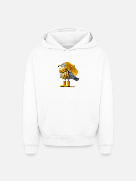Seagull with yellow umbrella and boots - Oversized Heavyweight Unisex Hoodie - white