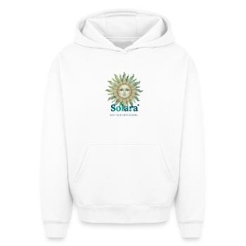 Solara Sun mit Vintage-Schrift - Oversized Heavyweight Unisex Hoodie - Weiß - Vorne - AI Model Female 172 dark (172cm) & AI Model Male 185 light (185cm)
