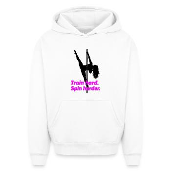 Pole Dance Silhouette – Train Hard Spin Harder - Oversized Heavyweight Unisex Hoodie - white - Front - AI Model Female 172 dark (172cm) & AI Model Male 185 light (185cm)