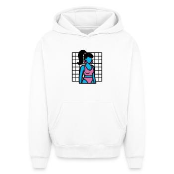 90er Fitness Girl Vaporwave - Oversized Heavyweight Unisex Hoodie - Weiß - Vorne - AI Model Female 172 dark (172cm) & AI Model Male 185 light (185cm)