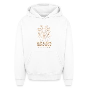 Mon Corps Mon Choix Féminisme Liberté - Sweat à capuche unisexe oversize épais SPREAD - blanc - Devant - AI Model Female 172 dark (172cm) & AI Model Male 185 light (185cm)