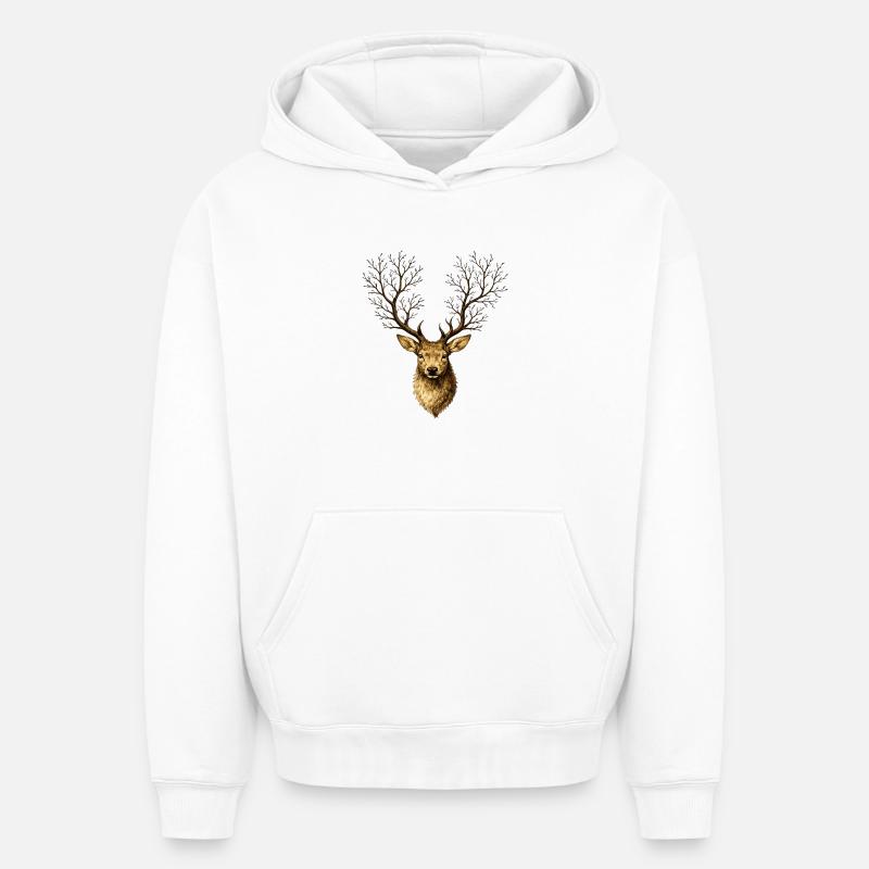 Hirschkopf mit Baumgeweih – Mystischer Waldgeist - Sweat à capuche unisexe oversize épais SPREAD - blanc