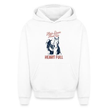 Equestrian sports - Heels down, head up, heart full. - Oversized Heavyweight Unisex Hoodie - white - Front - AI Model Female 172 dark (172cm) & AI Model Male 185 light (185cm)
