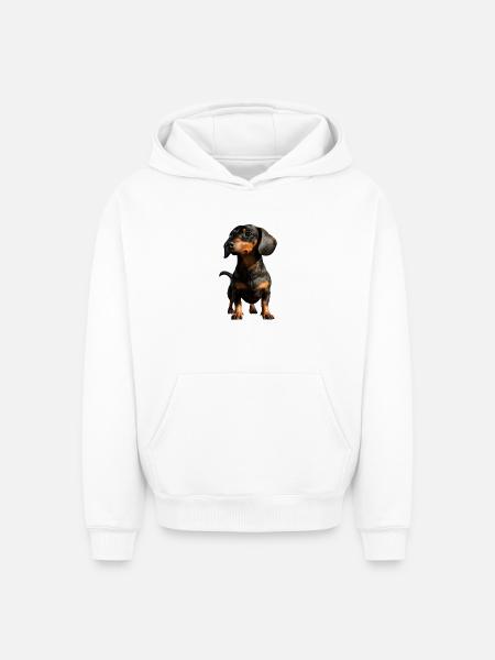 jamnik, jamnik, jamnik miniaturowy, klub jamnika, jamnik - Bluza z kapturem unisex oversize o ciężkiej gramaturze - biały