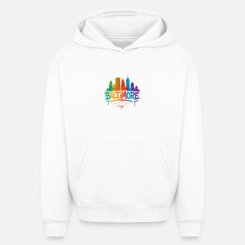 Baltimore Skyline Graffiti - Sweat à capuche unisexe oversize épais SPREAD - blanc