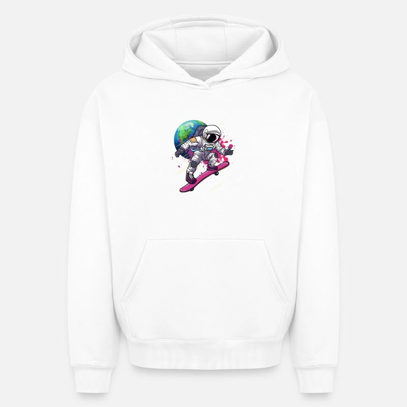Astronaute Skateboard Earth - Sweat à capuche unisexe oversize épais SPREAD - blanc