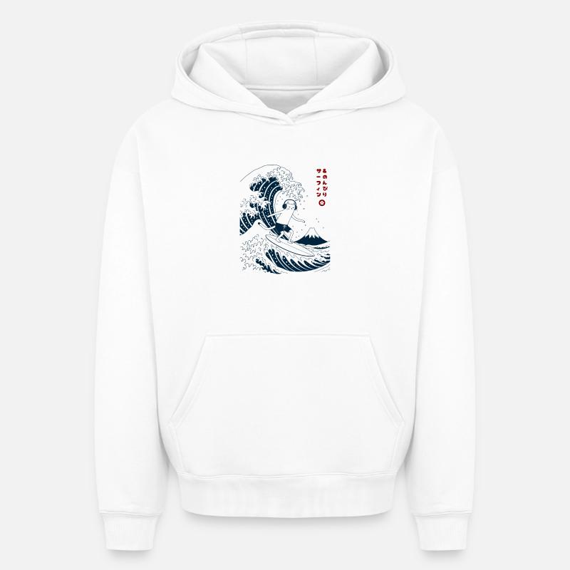 Chat Surf et Chill - Sweat à capuche unisexe oversize épais SPREAD - blanc