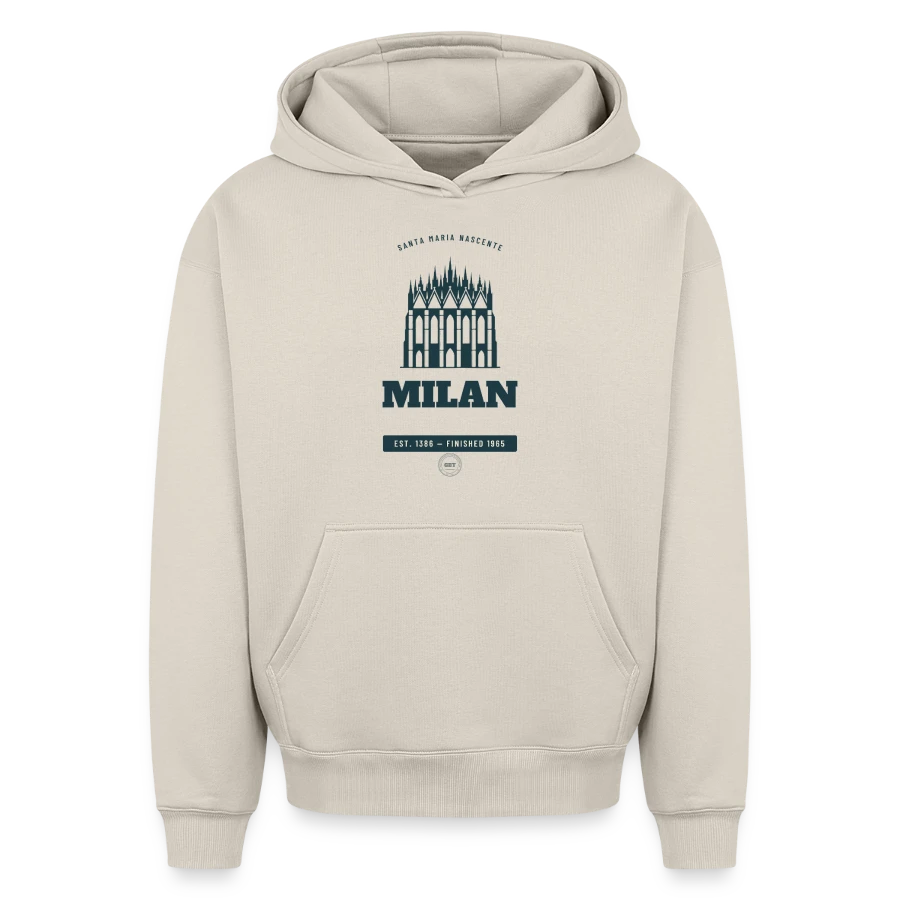 Milan badge on a oversized heavyweight unisex hoodie, beige, front