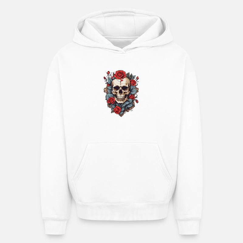 Crâne avec des roses - Sweat à capuche unisexe oversize épais SPREAD - blanc