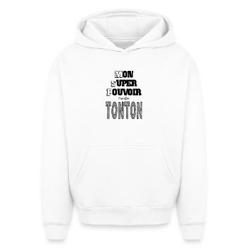 Mon Super Pouvoir Etre Tonton Oncle - Sweat à capuche unisexe oversize épais SPREAD - blanc - Devant - AI Model Female 172 dark (172cm) & AI Model Male 185 light (185cm)