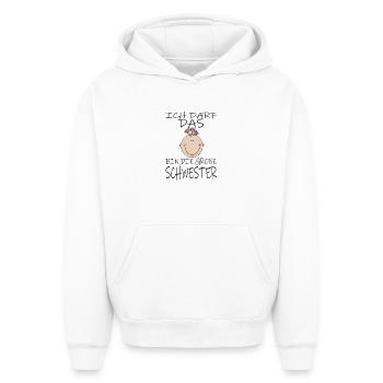 May I be the big sister - Oversized Heavyweight Unisex Hoodie - white - Front - AI Model Female 172 dark (172cm) & AI Model Male 185 light (185cm)