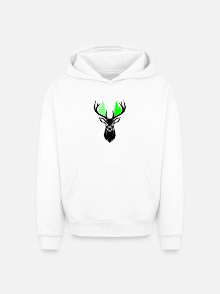 Deer Head Fir Trees Natural Green - Oversized Heavyweight Unisex Hoodie - white