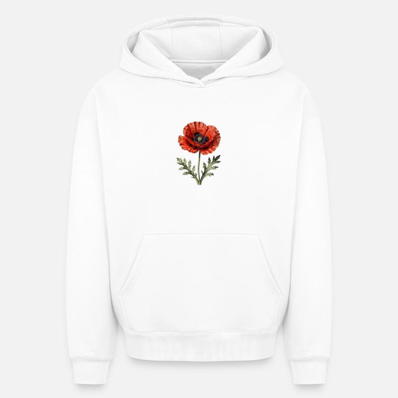 Coquelicot Pavot rouge - Sweat à capuche unisexe oversize épais SPREAD - blanc