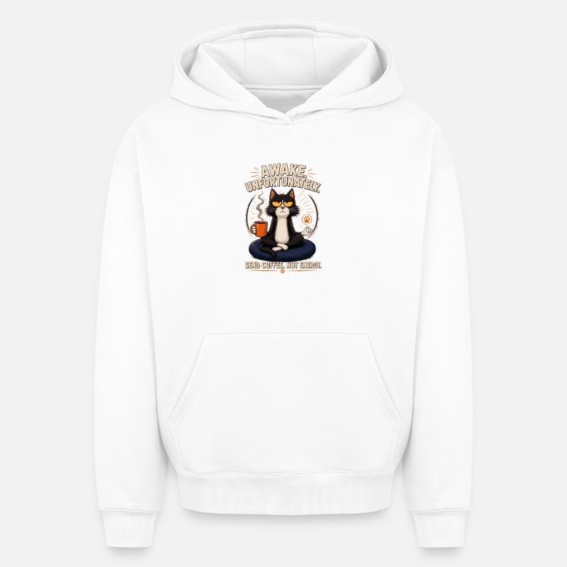 Chat malheureux éveillé : Coffee Zen - Sweat à capuche unisexe oversize épais SPREAD - blanc