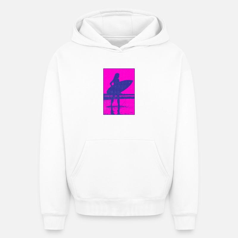 Plage Surfeur Silhouette Néon - Sweat à capuche unisexe oversize épais SPREAD - blanc