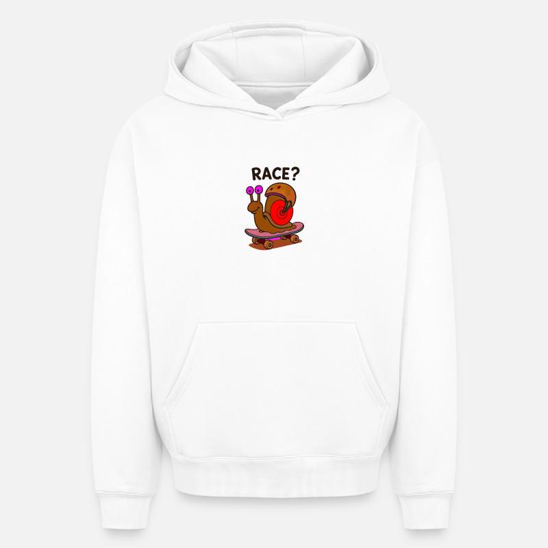 COURSE? Escargot sur skateboard - Sweat à capuche unisexe oversize épais SPREAD - blanc