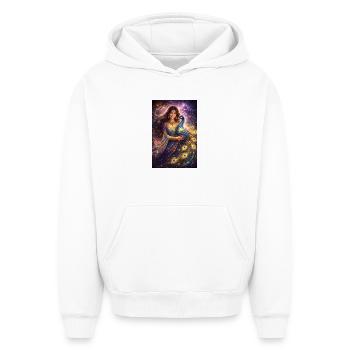 Femme indienne mystique avec un paon - Sweat à capuche unisexe oversize épais SPREAD - blanc - Devant - AI Model Female 172 dark (172cm) & AI Model Male 185 light (185cm)