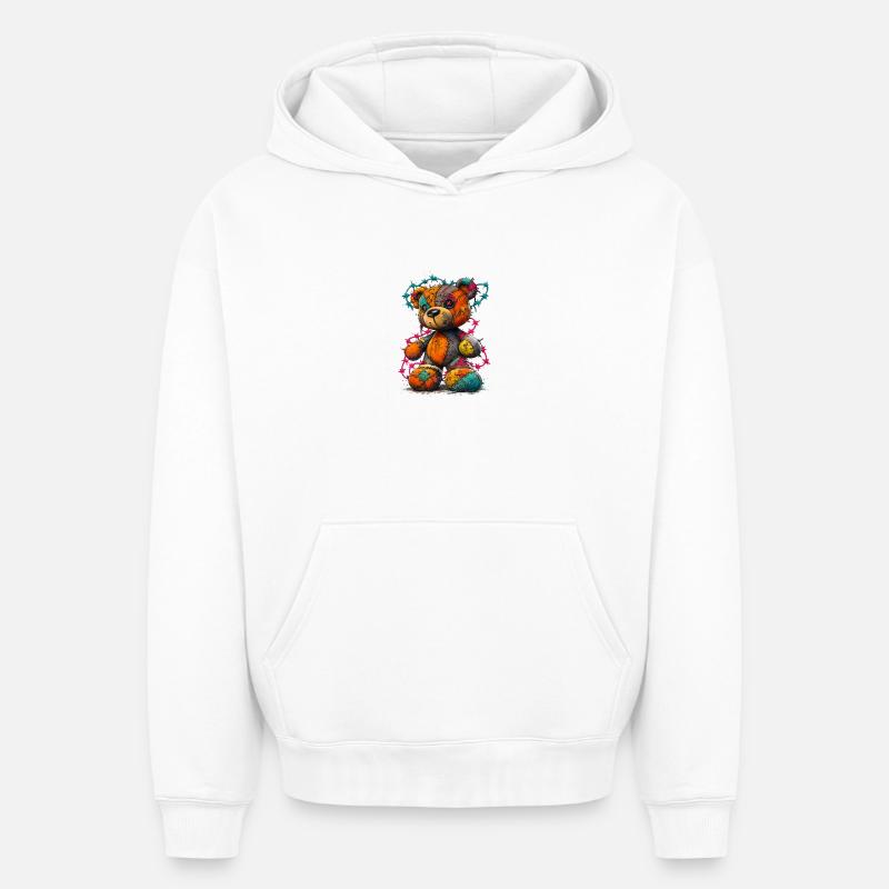Patchwork Teddybär mit Neonfäden - Oversized Heavyweight Unisex Hoodie - Weiß