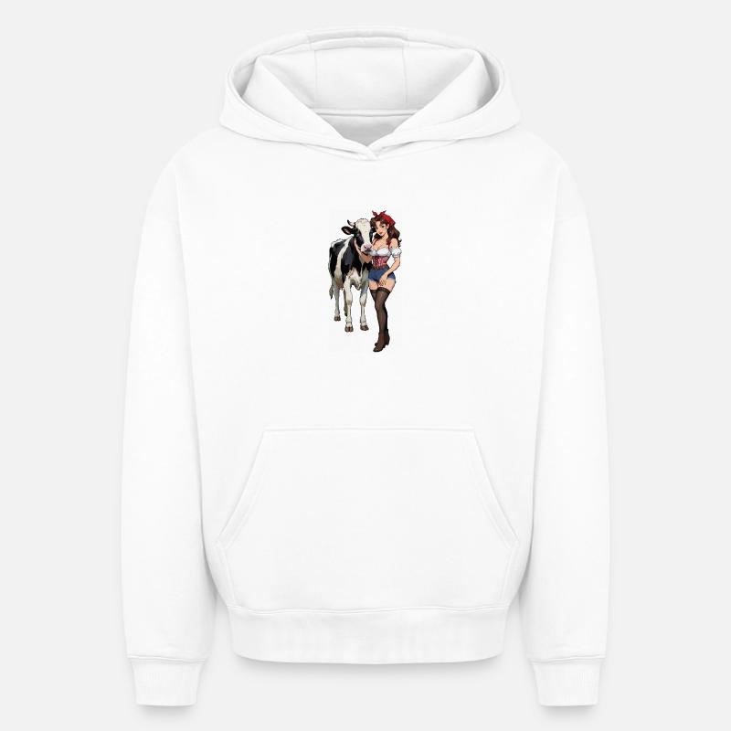 Fermière pin-up avec vache - Sweat à capuche unisexe oversize épais SPREAD - blanc