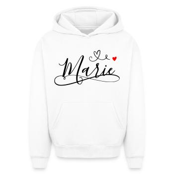 Nom de famille Marie prénom avec décoration en cœur - Sweat à capuche unisexe oversize épais SPREAD - blanc - Devant - AI Model Female 172 dark (172cm) & AI Model Male 185 light (185cm)