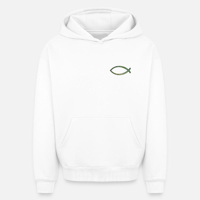 Poisson Ichtus (diamant, vert) - Sweat à capuche unisexe oversize épais SPREAD - blanc