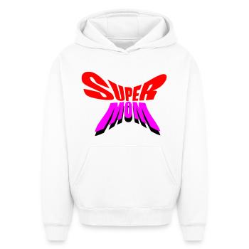 Super Mom / Super Maman - Sweat à capuche unisexe oversize épais SPREAD - blanc - Devant - AI Model Female 172 dark (172cm) & AI Model Male 185 light (185cm)