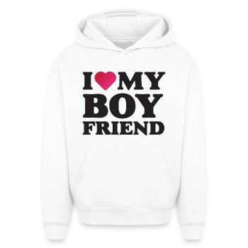 J’aime mon petit ami - Sweat à capuche unisexe oversize épais SPREAD - blanc - Devant - AI Model Female 172 dark (172cm) & AI Model Male 185 light (185cm)