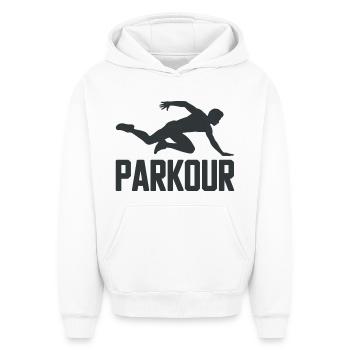 Chemise de parkour avec silhouette de saut - Sweat à capuche unisexe oversize épais SPREAD - blanc - Devant - AI Model Female 172 dark (172cm) & AI Model Male 185 light (185cm)