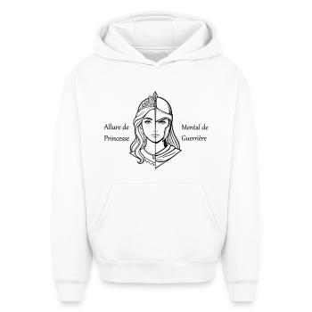 Femme Allure de Princesse & Mental de Guerrière  - Sweat à capuche unisexe oversize épais SPREAD - blanc - Devant - AI Model Female 172 dark (172cm) & AI Model Male 185 light (185cm)