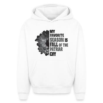 Ma saison préférée est la chute du patriarcat - Sweat à capuche unisexe oversize épais SPREAD - blanc - Devant - AI Model Female 172 dark (172cm) & AI Model Male 185 light (185cm)