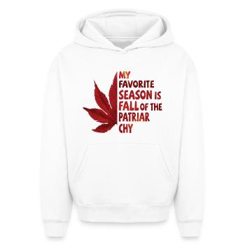Ma saison préférée est La Chute du Patriarcat - Sweat à capuche unisexe oversize épais SPREAD - blanc - Devant - AI Model Female 172 dark (172cm) & AI Model Male 185 light (185cm)