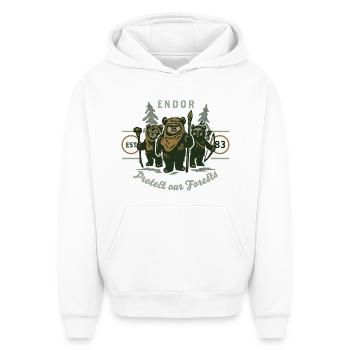 Star Wars Motiv & Spruch Endor Protect Our Forests - Oversized Heavyweight Unisex Hoodie - Weiß - Vorne - AI Model Female 172 dark (172cm) & AI Model Male 185 light (185cm)
