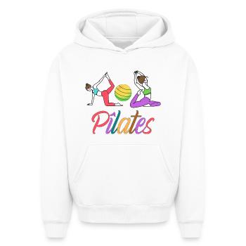 PILATES - Sweat à capuche unisexe oversize épais SPREAD - blanc - Devant - AI Model Female 172 dark (172cm) & AI Model Male 185 light (185cm)