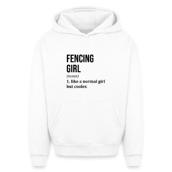 Escrime Escrime - Sweat à capuche unisexe oversize épais SPREAD - blanc - Devant - AI Model Female 172 dark (172cm) & AI Model Male 185 light (185cm)