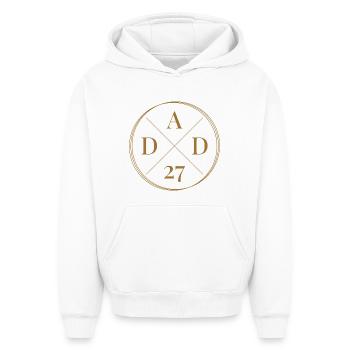 Papa 27 ans - Sweat à capuche unisexe oversize épais SPREAD - blanc - Devant - AI Model Female 172 dark (172cm) & AI Model Male 185 light (185cm)