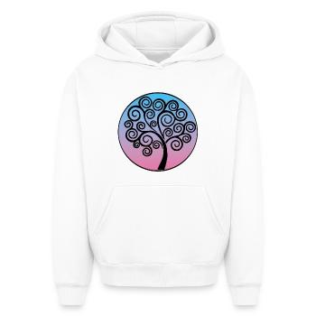 Schwarzer Baum des Lebens auf blauem und rosa Hintergrund - Oversized Heavyweight Unisex Hoodie - Weiß - Vorne - AI Model Female 172 dark (172cm) & AI Model Male 185 light (185cm)